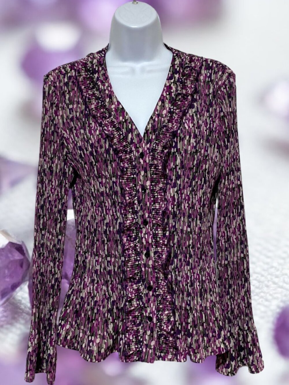 Fred David-Women's Large Button Top Long Sleeve Ruffle V-Neckline-Light Weight